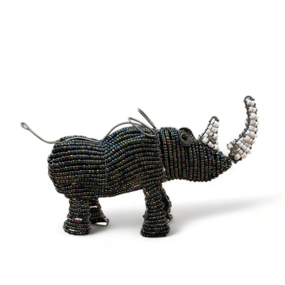 Dilwana Rhino Wired and Beads - Handmade African Craft - Iridescent Blue White - Picture 1 of 6